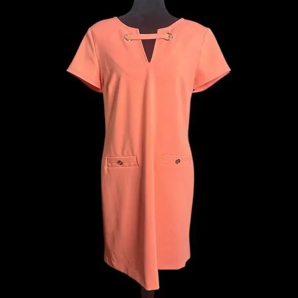 Tommy Hilfiger Scuba Crepe Grommet Top Pocket Coral Dress Womans Sz 12 MSRP $99 - Picture 1 of 4